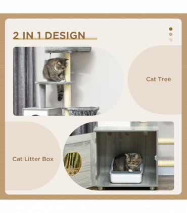 PawHut Cat Litter Box Enclosure, with Cat House, Bed, Scratching Posts, Platform