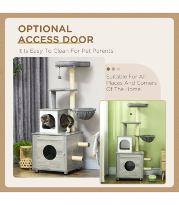 PawHut Cat Litter Box Enclosure, with Cat House, Bed, Scratching Posts, Platform