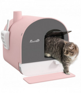 PawHut Cat Litter Box Kitten Litter Tray w/ Lid, Scoop, Filter, Flap Door, Pink