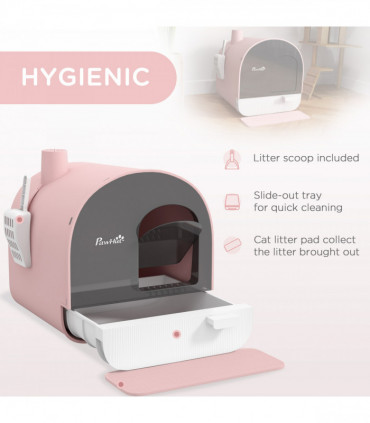 PawHut Cat Litter Box Kitten Litter Tray w/ Lid, Scoop, Filter, Flap Door, Pink