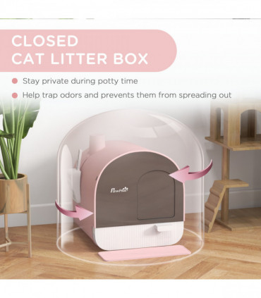 PawHut Cat Litter Box Kitten Litter Tray w/ Lid, Scoop, Filter, Flap Door, Pink