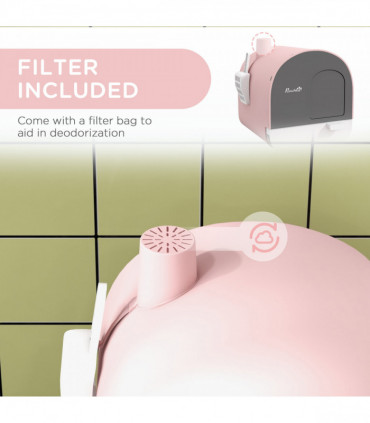 PawHut Cat Litter Box Kitten Litter Tray w/ Lid, Scoop, Filter, Flap Door, Pink
