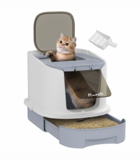 PawHut Cat Litter Box, Hooded Cat Litter Tray with Lid, Scoop, Grey