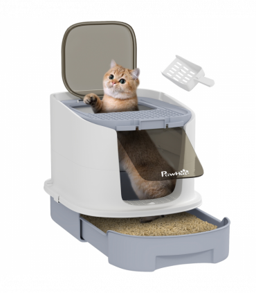 PawHut Cat Litter Box, Hooded Cat Litter Tray with Lid, Scoop, Grey