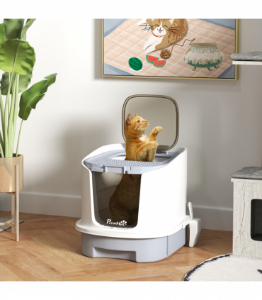 PawHut Cat Litter Box, Hooded Cat Litter Tray with Lid, Scoop, Grey