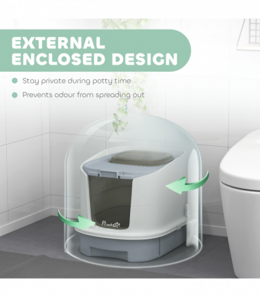 PawHut Cat Litter Box, Hooded Cat Litter Tray with Lid, Scoop, Grey