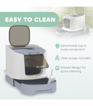 PawHut Cat Litter Box, Hooded Cat Litter Tray with Lid, Scoop, Grey
