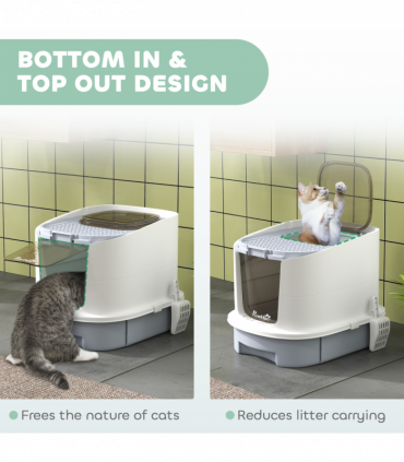 PawHut Cat Litter Box, Hooded Cat Litter Tray with Lid, Scoop, Grey