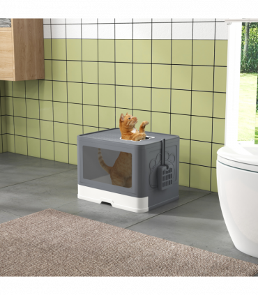 PawHut Cat Litter Tray Enclosed with Lid, Front Entry Top Exit, Scoop, Brush