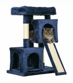 PawHut Cat Rest & Play Activity Tree w/ 2 House Perch Scratching Post Navy Blue