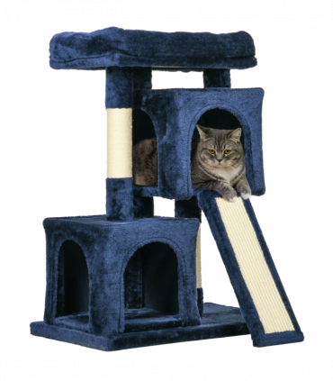 PawHut Cat Rest & Play Activity Tree w/ 2 House Perch Scratching Post Navy Blue
