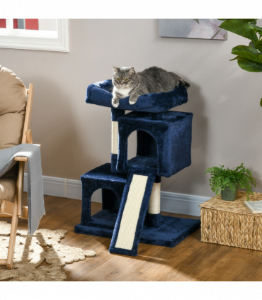 PawHut Cat Rest & Play Activity Tree w/ 2 House Perch Scratching Post Navy Blue