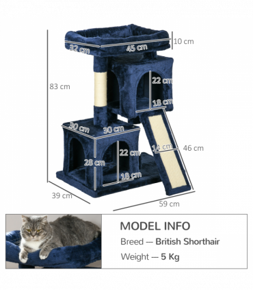 PawHut Cat Rest & Play Activity Tree w/ 2 House Perch Scratching Post Navy Blue