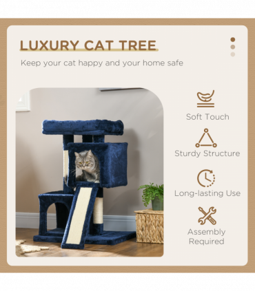 PawHut Cat Rest & Play Activity Tree w/ 2 House Perch Scratching Post Navy Blue