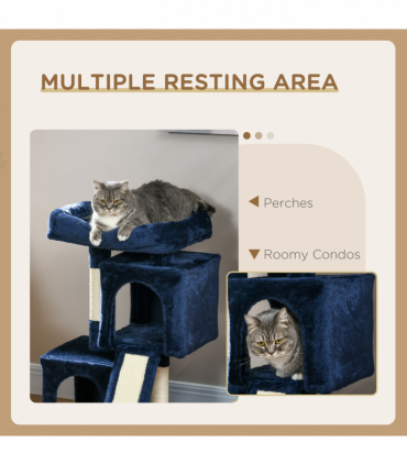 PawHut Cat Rest & Play Activity Tree w/ 2 House Perch Scratching Post Navy Blue