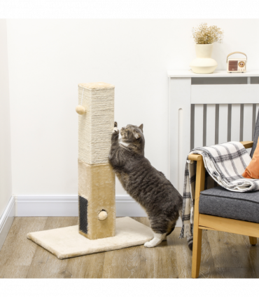 PawHut Cat Scratching Post Scratcher Climber w/ Carpet Base Hanging Toy - Beige