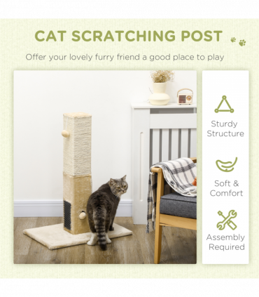 PawHut Cat Scratching Post Scratcher Climber w/ Carpet Base Hanging Toy - Beige