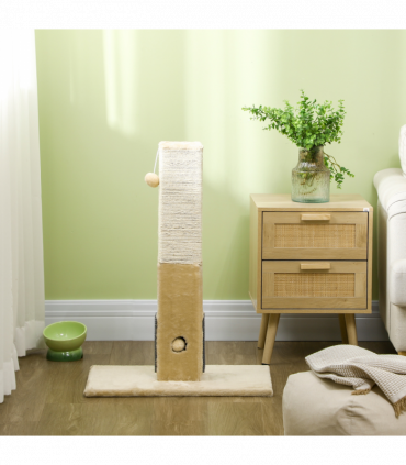 PawHut Cat Scratching Post Scratcher Climber w/ Carpet Base Hanging Toy - Beige