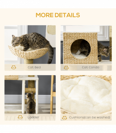 PawHut Cat Tree Kitten Tower Cattail Weave with Scratching Posts, Bed, House