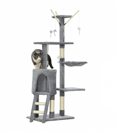 PawHut Cat Tree Kitty Activity Centre Scratching Post With Toys 5-tier Grey