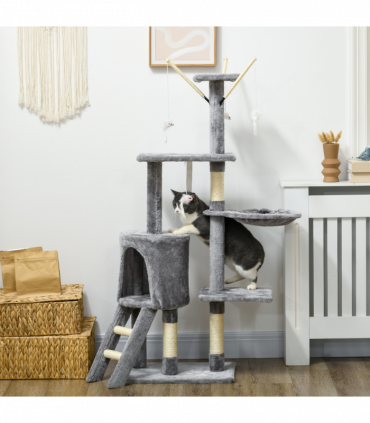 PawHut Cat Tree Kitty Activity Centre Scratching Post With Toys 5-tier Grey