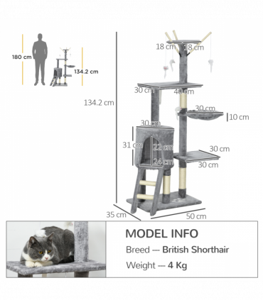 PawHut Cat Tree Kitty Activity Centre Scratching Post With Toys 5-tier Grey