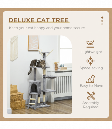 PawHut Cat Tree Kitty Activity Centre Scratching Post With Toys 5-tier Grey