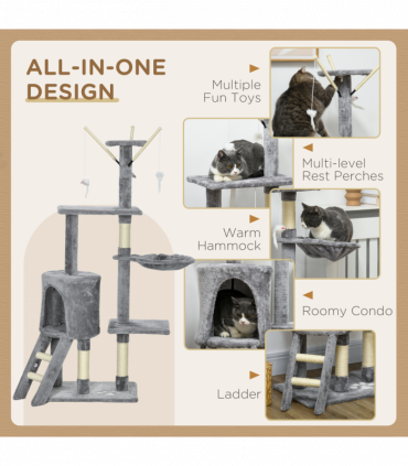 PawHut Cat Tree Kitty Activity Centre Scratching Post With Toys 5-tier Grey