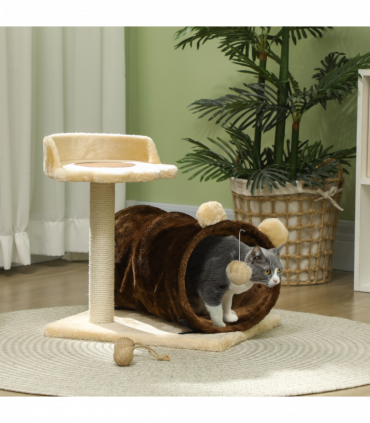 PawHut Cat Tree w/ Scratching Post, Bed, Cat Tunnel, Toy Ball, Dark Brown