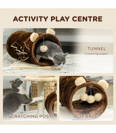 PawHut Cat Tree w/ Scratching Post, Bed, Cat Tunnel, Toy Ball, Dark Brown