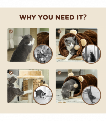 PawHut Cat Tree w/ Scratching Post, Bed, Cat Tunnel, Toy Ball, Dark Brown