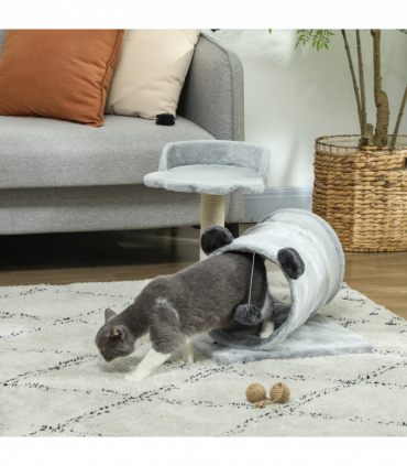 PawHut Cat Tree w/ Scratching Post, Bed, Cat Tunnel, Toy Ball, Grey
