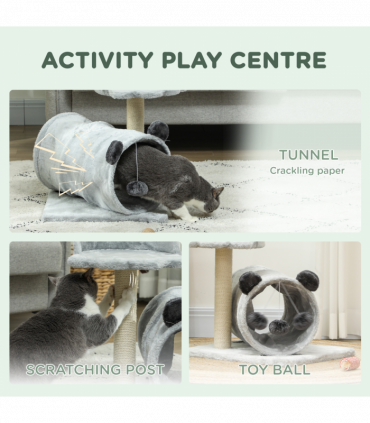 PawHut Cat Tree w/ Scratching Post, Bed, Cat Tunnel, Toy Ball, Grey