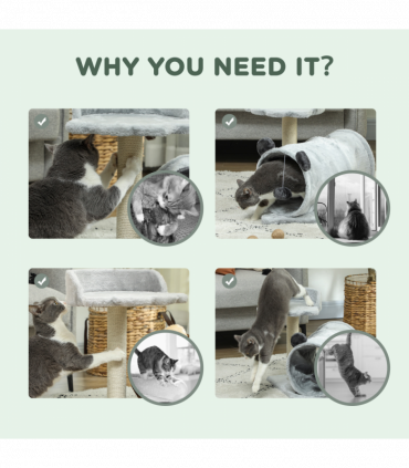 PawHut Cat Tree w/ Scratching Post, Bed, Cat Tunnel, Toy Ball, Grey
