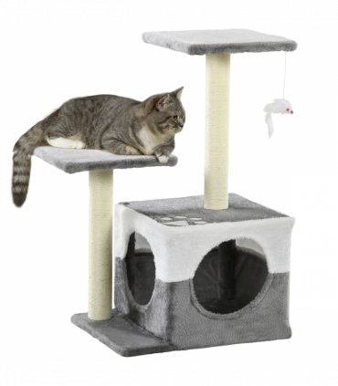 PawHut Cat Tree w/ Sisal Scratching Posts, House, Perches, Toy Mouse - Grey