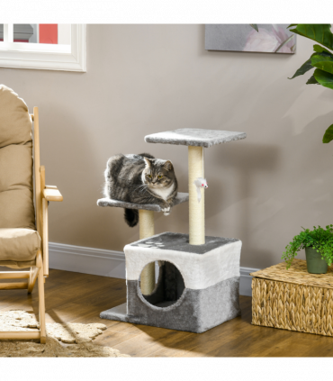 PawHut Cat Tree w/ Sisal Scratching Posts, House, Perches, Toy Mouse - Grey