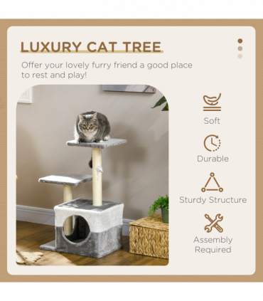 PawHut Cat Tree w/ Sisal Scratching Posts, House, Perches, Toy Mouse - Grey