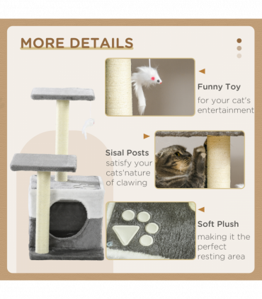 PawHut Cat Tree w/ Sisal Scratching Posts, House, Perches, Toy Mouse - Grey