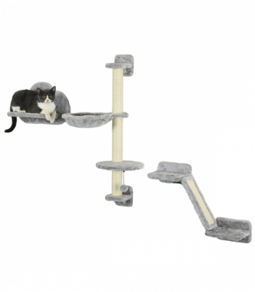PawHut Cat Wall Furniture with Hammock Platforms Ladder Scratching Post - Grey