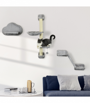 PawHut Cat Wall Furniture with Hammock Platforms Ladder Scratching Post - Grey