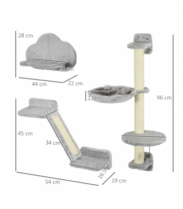 PawHut Cat Wall Furniture with Hammock Platforms Ladder Scratching Post - Grey