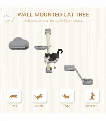 PawHut Cat Wall Furniture with Hammock Platforms Ladder Scratching Post - Grey
