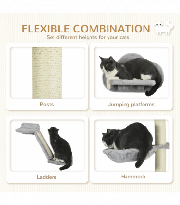 PawHut Cat Wall Furniture with Hammock Platforms Ladder Scratching Post - Grey