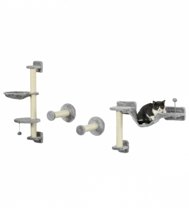 PawHut Cat Wall Furniture with Hammock, Perches, Ladder, Scratching Post, Grey