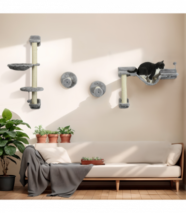 PawHut Cat Wall Furniture with Hammock, Perches, Ladder, Scratching Post, Grey