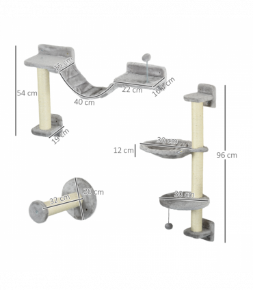 PawHut Cat Wall Furniture with Hammock, Perches, Ladder, Scratching Post, Grey