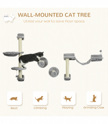 PawHut Cat Wall Furniture with Hammock, Perches, Ladder, Scratching Post, Grey