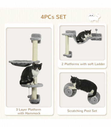 PawHut Cat Wall Furniture with Hammock, Perches, Ladder, Scratching Post, Grey