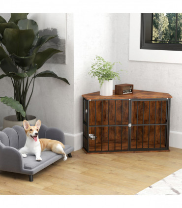 PawHut Corner Dog Crate Furniture with 2 Bowls for Small & Medium Dogs