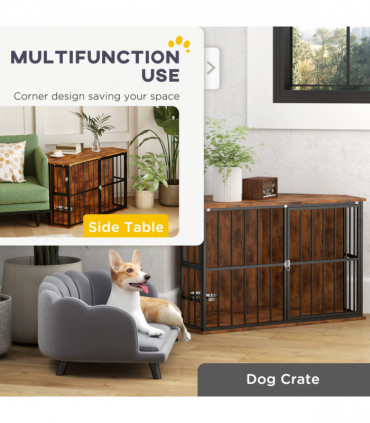 PawHut Corner Dog Crate Furniture with 2 Bowls for Small & Medium Dogs